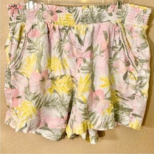 Briggs New York Shorts XL White Linen Rayon Tropical Floral Pink Green
